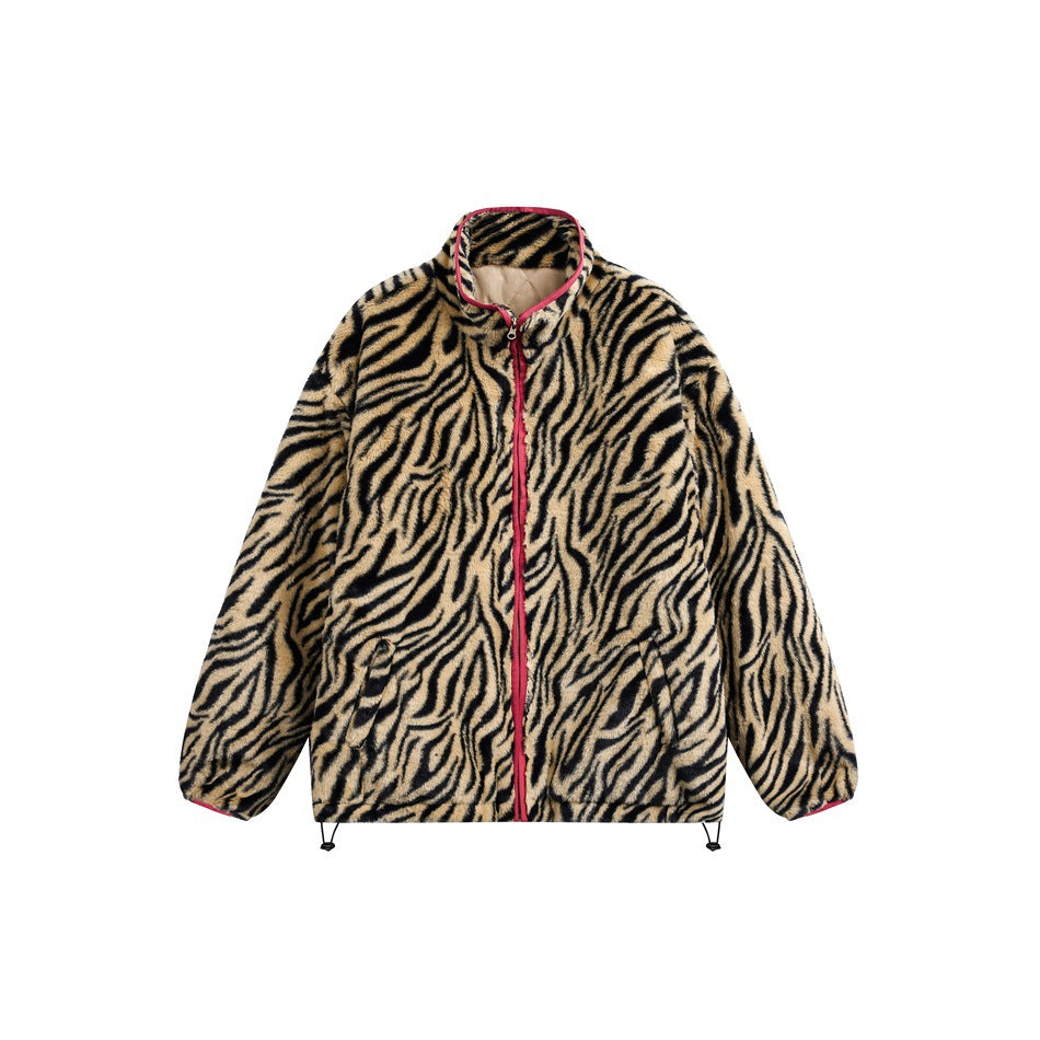 Tiger-stripe plush zip jacket with red piping, stand collar and drawcord hem, flat front view