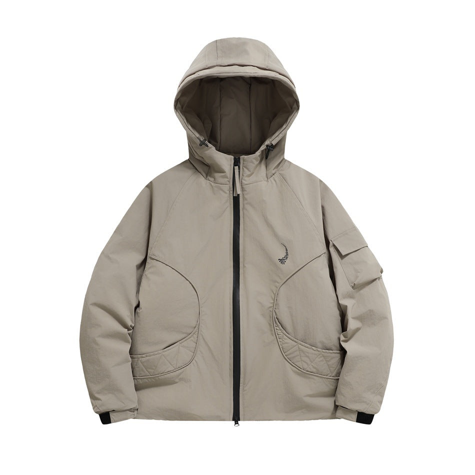 Khaki hooded zip jacket flat front view with curved quilted-edge pockets, sleeve flap pocket and small chest emblem