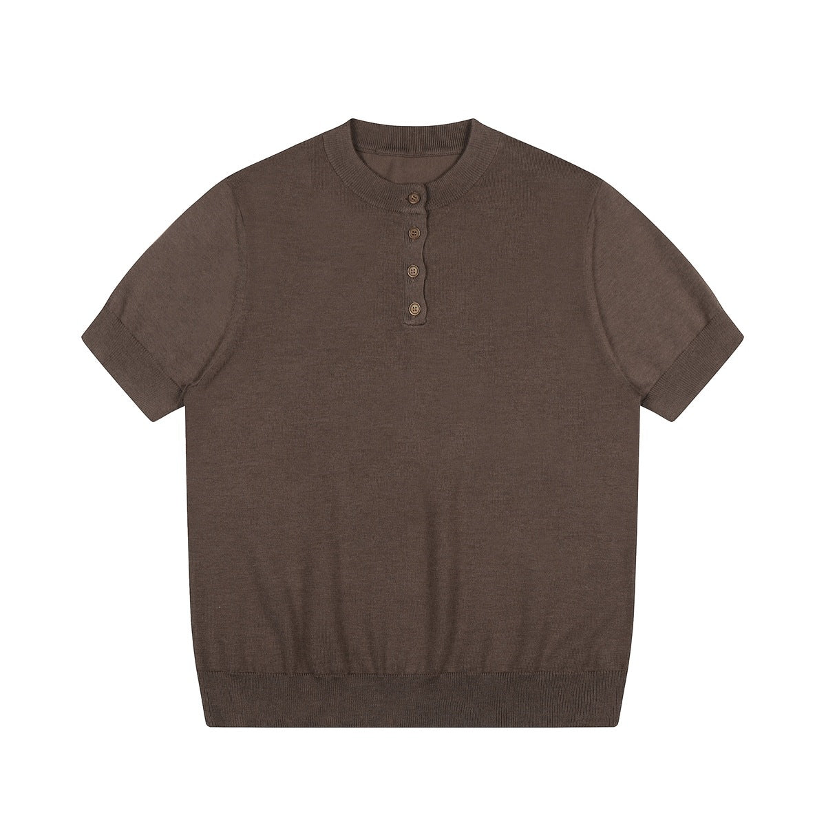Coffee brown knit short-sleeve henley top, flat lay, with four wood-tone buttons and ribbed trim