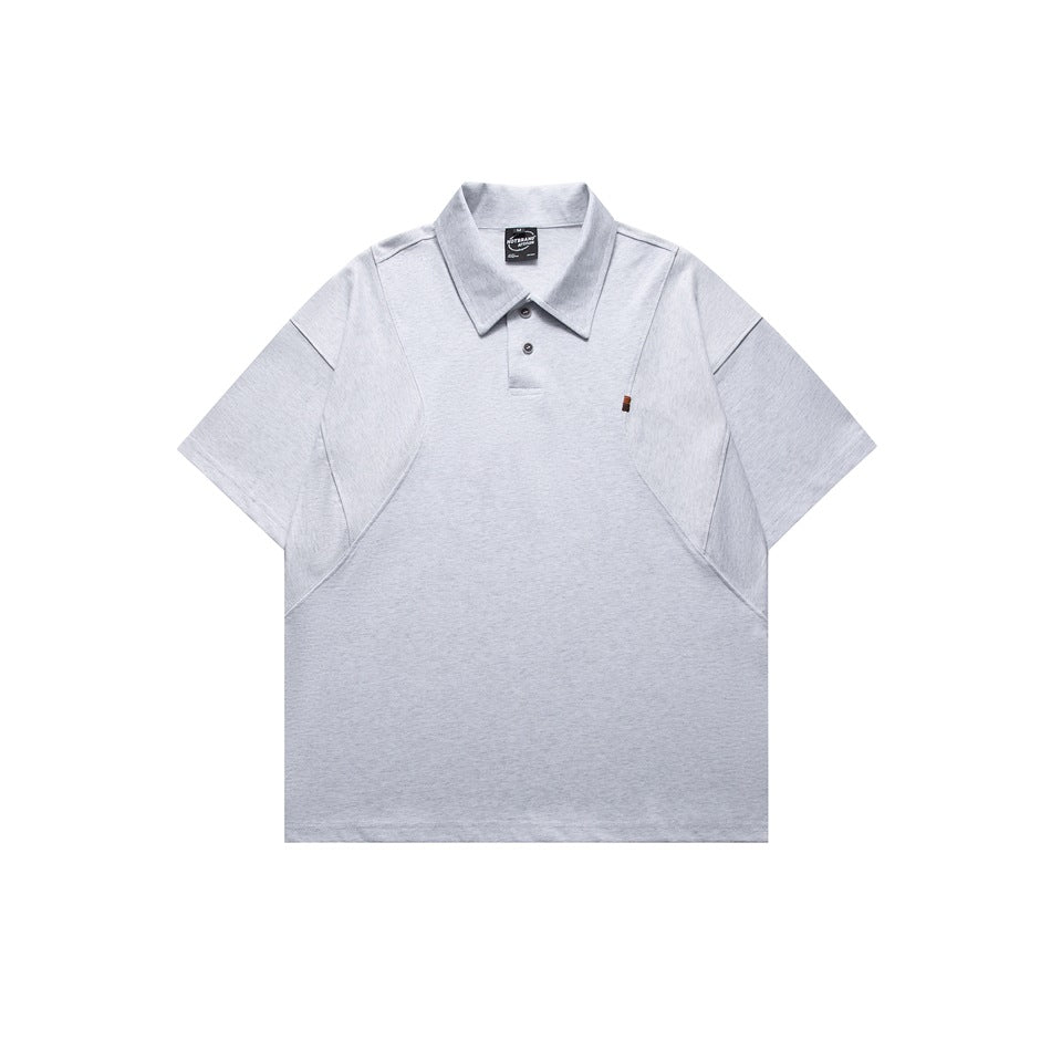 Light heather gray short-sleeve polo shirt, front view, with two buttons and curved paneled seams
