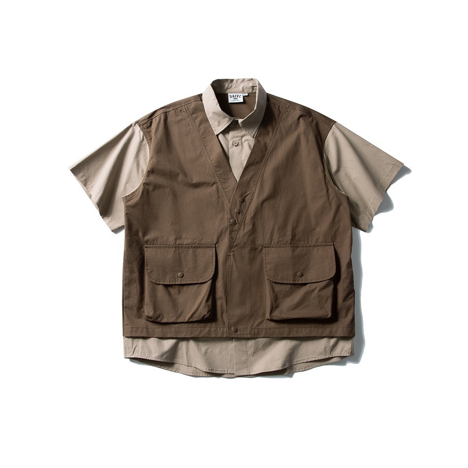 Brown vest-style layered short-sleeve shirt with khaki sleeves, collar and two large snap flap pockets, flat lay