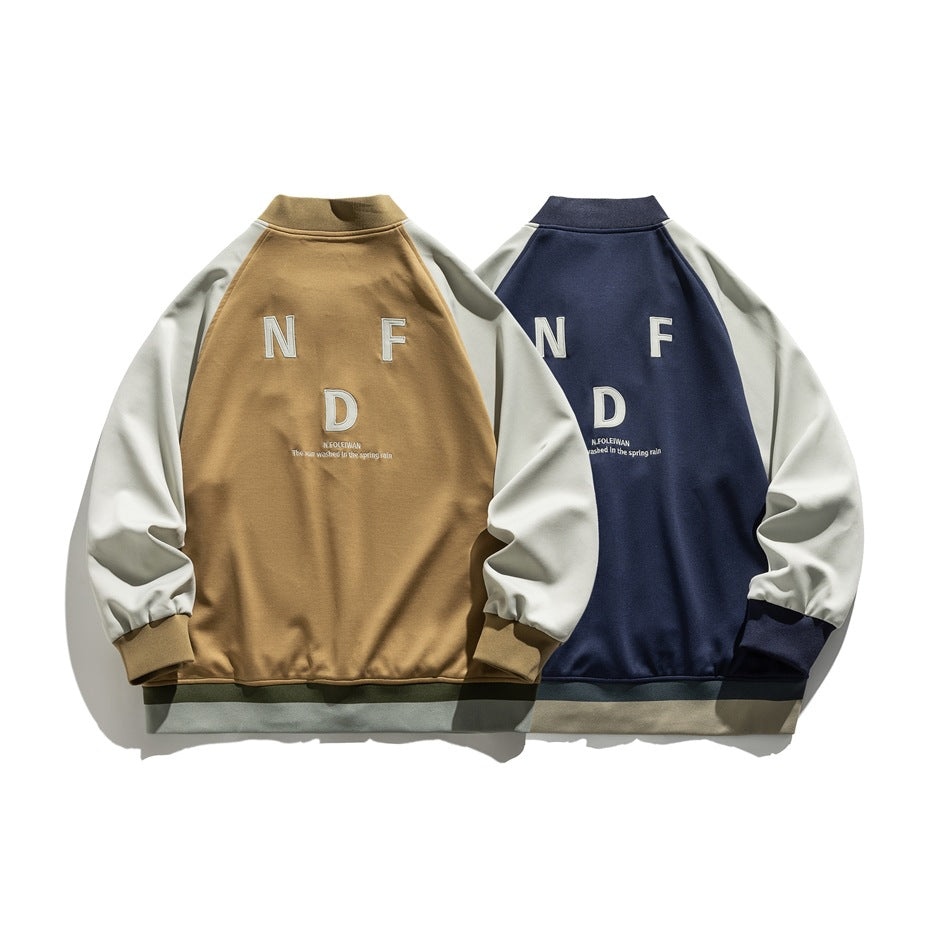 Back views of tan and navy jackets with cream raglan sleeves, ribbed trim, and embroidered lettering.