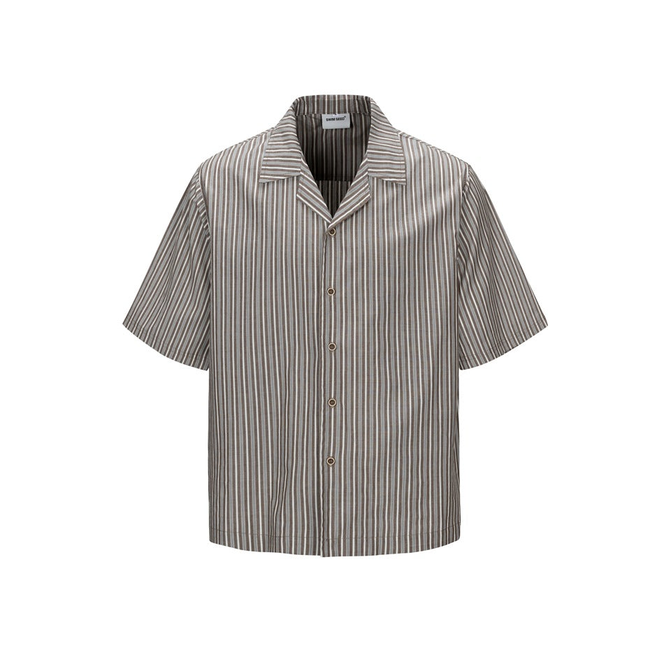 Brown striped short-sleeve camp-collar button-up shirt, flat front view