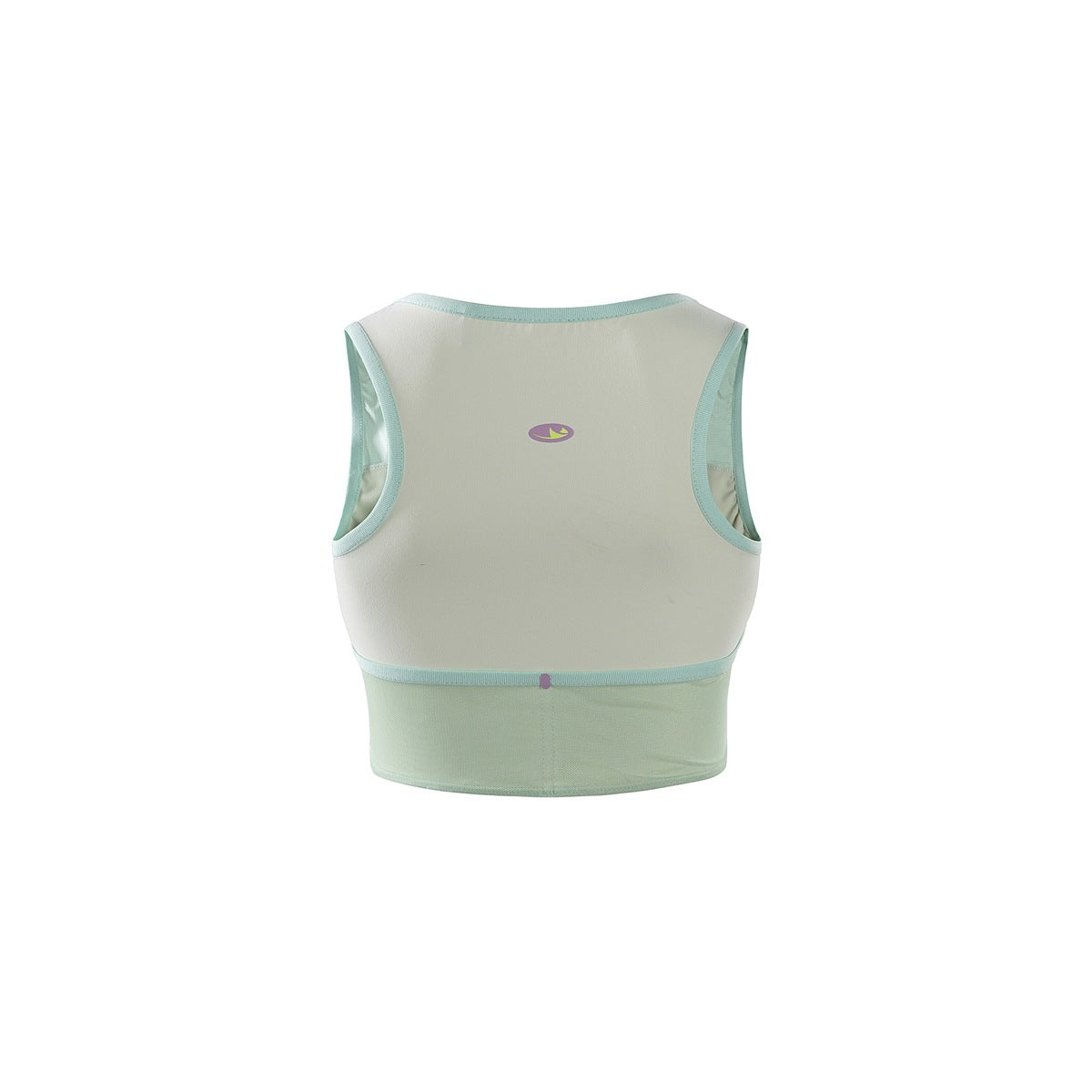 Back view of an ivory sleeveless athletic crop top with pale mint trim and a small purple emblem.