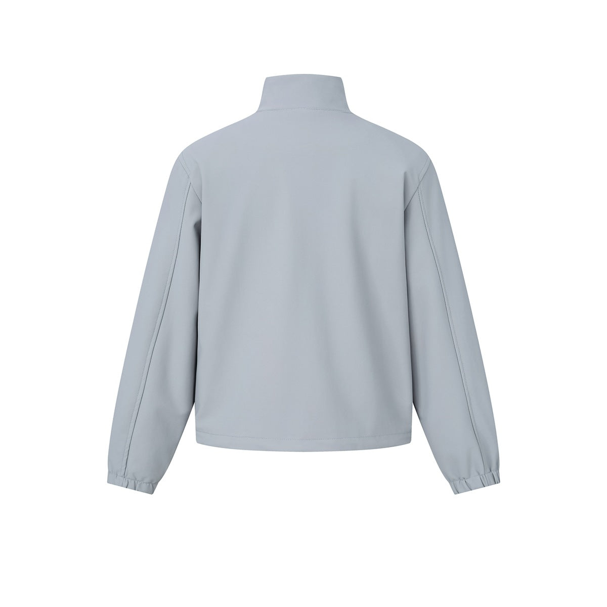 Back view of a plain light gray jacket with a stand collar, long sleeves, and elastic cuffs.