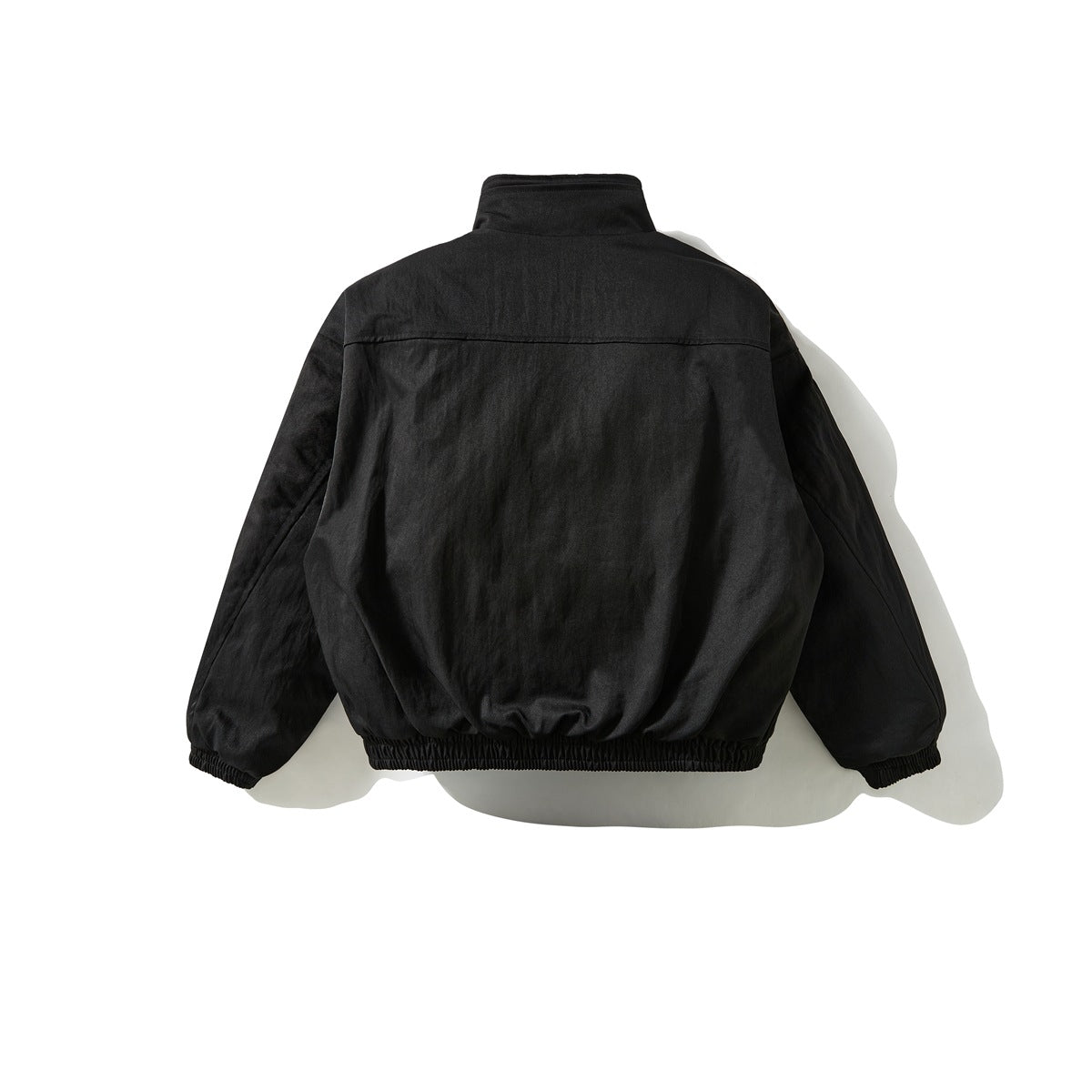 Back view of a black stand-collar jacket with long sleeves and gathered elastic cuffs and hem.