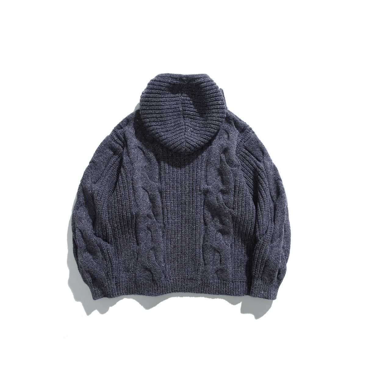 Back view of a charcoal cable-knit sweater with a hood and ribbed cuffs and hem.