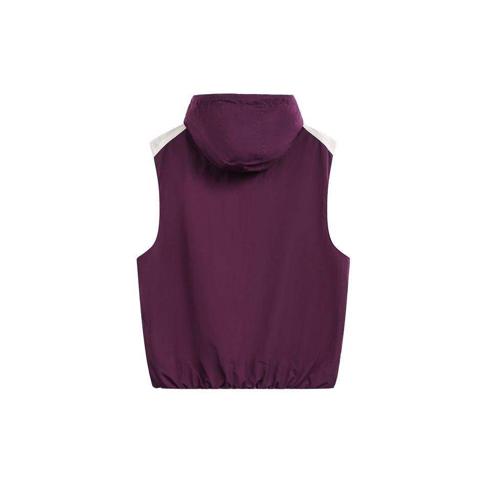 Back view of a plum sleeveless hooded vest with cream shoulder accents and an elasticated hem.