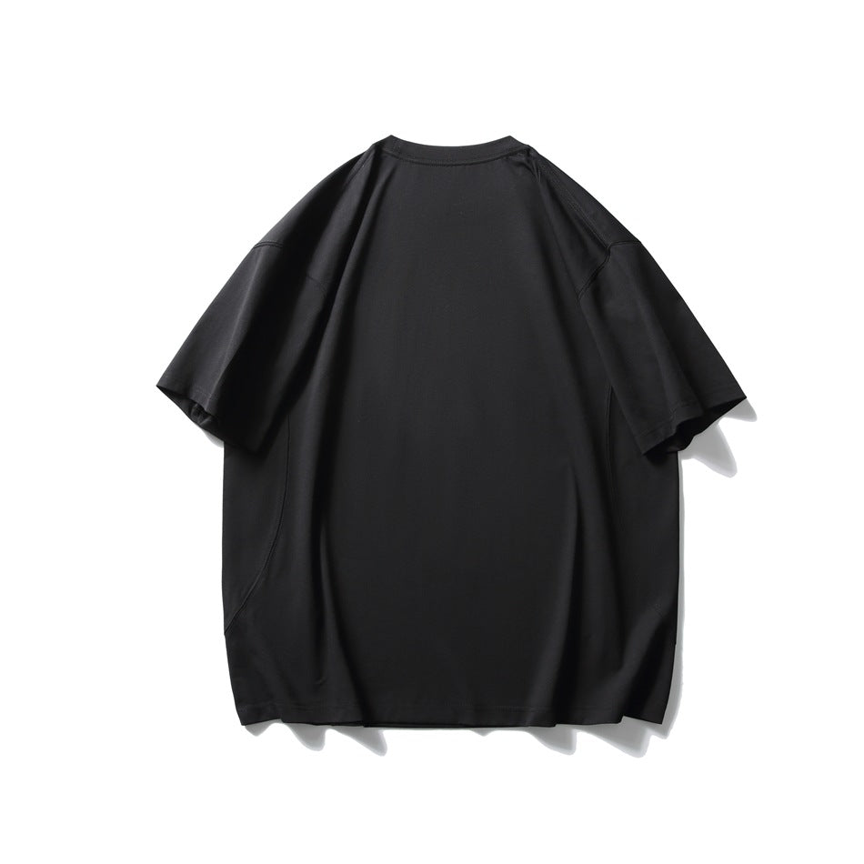 Plain black oversized short-sleeve crew-neck T-shirt, shown from the back against a white background.