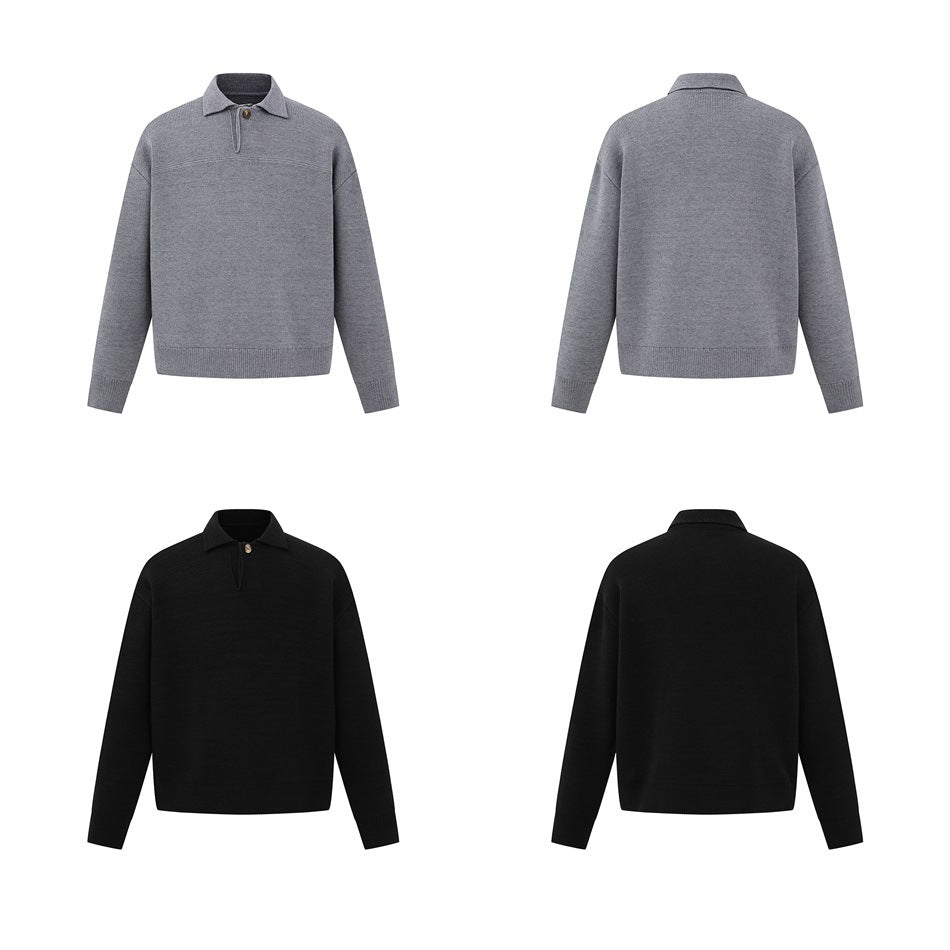 Front and back views of gray and black knit polo-style sweaters arranged in a four-panel grid