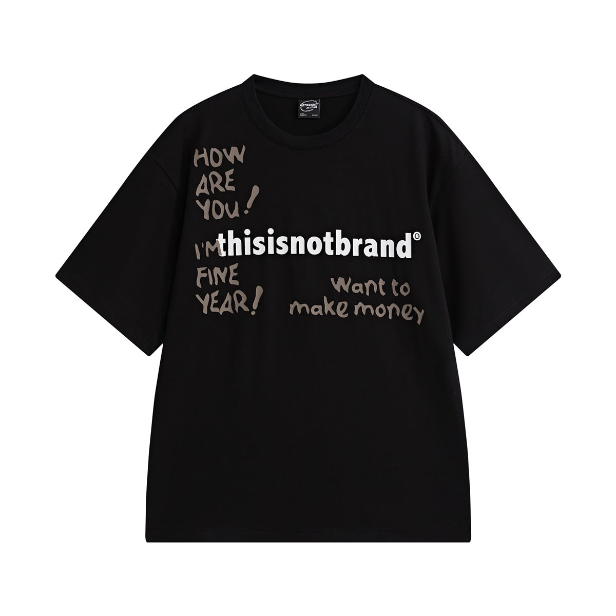 Black short-sleeve crew-neck T-shirt with white and taupe handwritten-style slogan print on the front