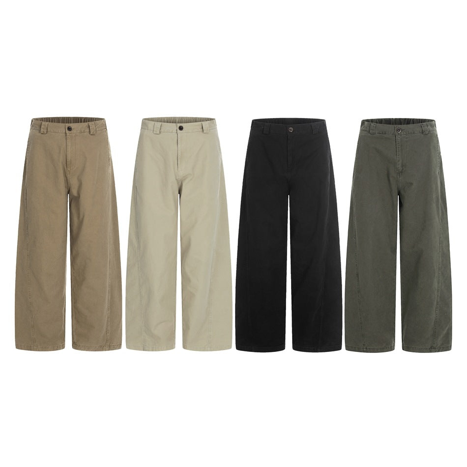 Four pairs of wide-leg trousers displayed side by side in taupe, light beige, black, and dark olive.