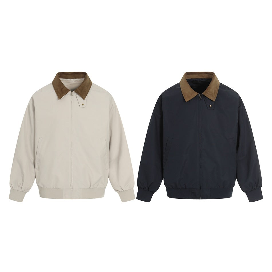 Two front-view jackets displayed side by side: light cream and navy, both with brown collars.