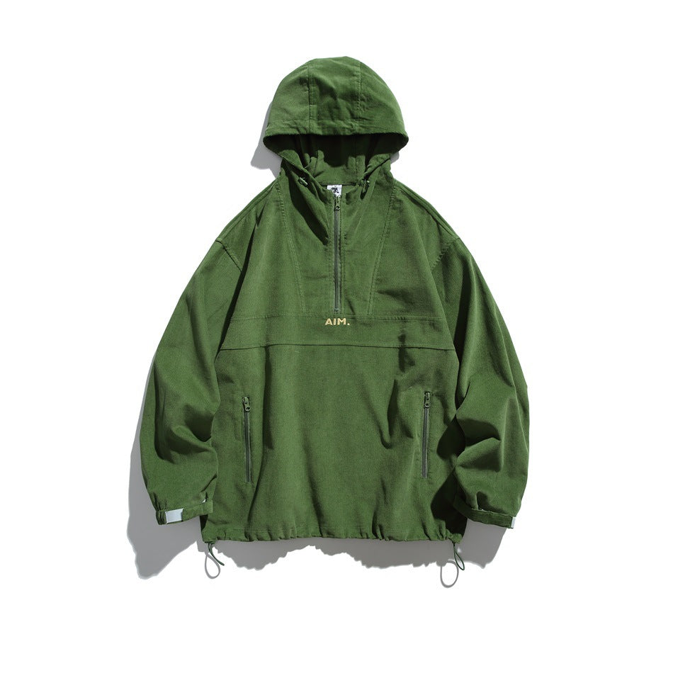 Green hooded half-zip pullover jacket with ribbed texture, zip pockets and drawcord hem, flat lay front view