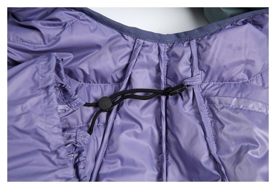 Close-up of the lavender interior with a black adjustable drawcord and toggle.