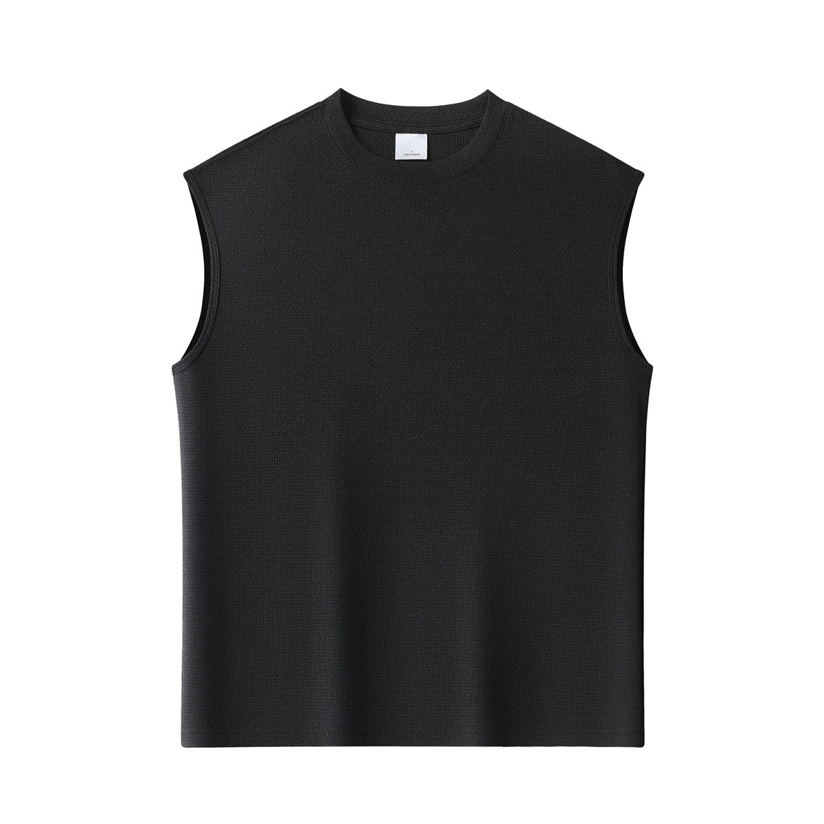 Black sleeveless crew-neck tank top with a textured fabric surface, flat front view