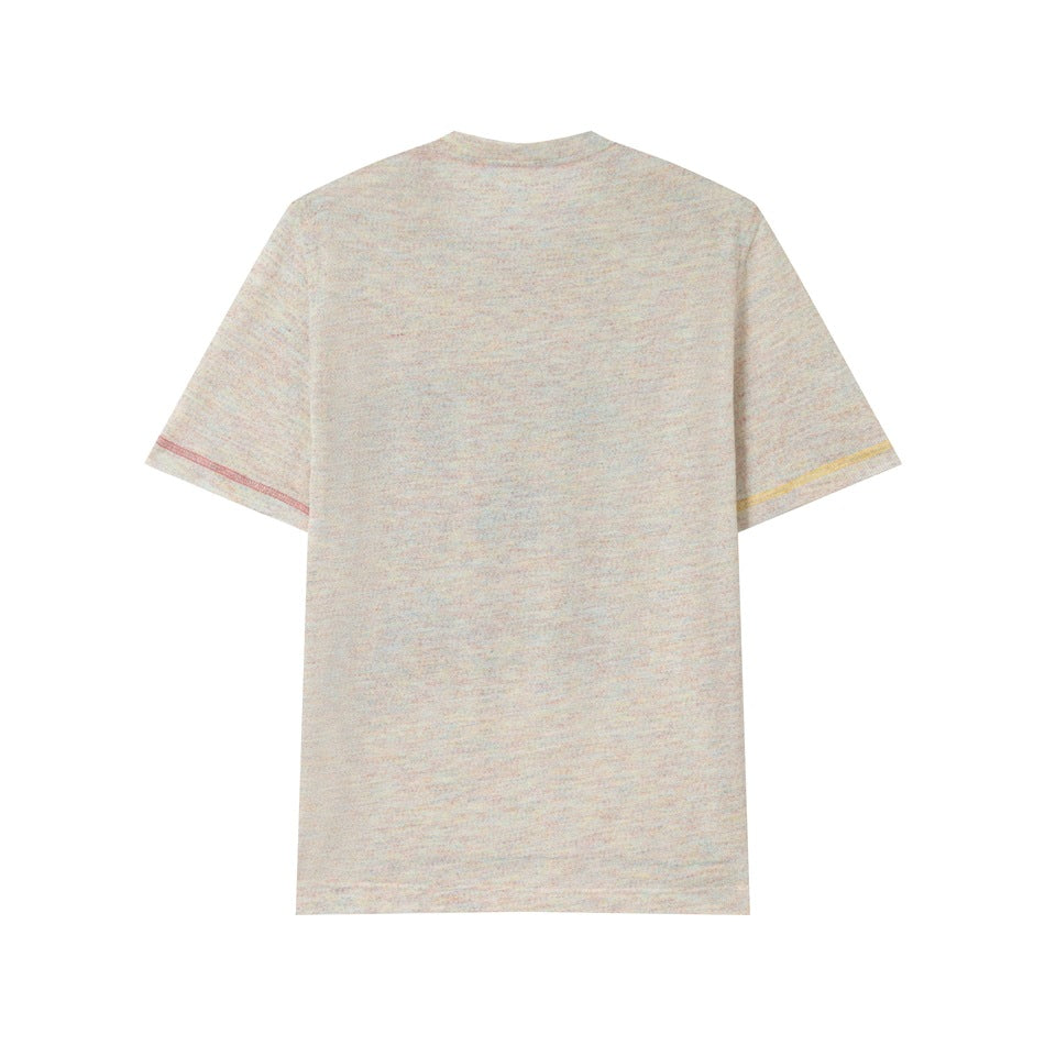 Back view of beige heathered short-sleeve crew-neck tee with plain back and red and yellow sleeve stitching
