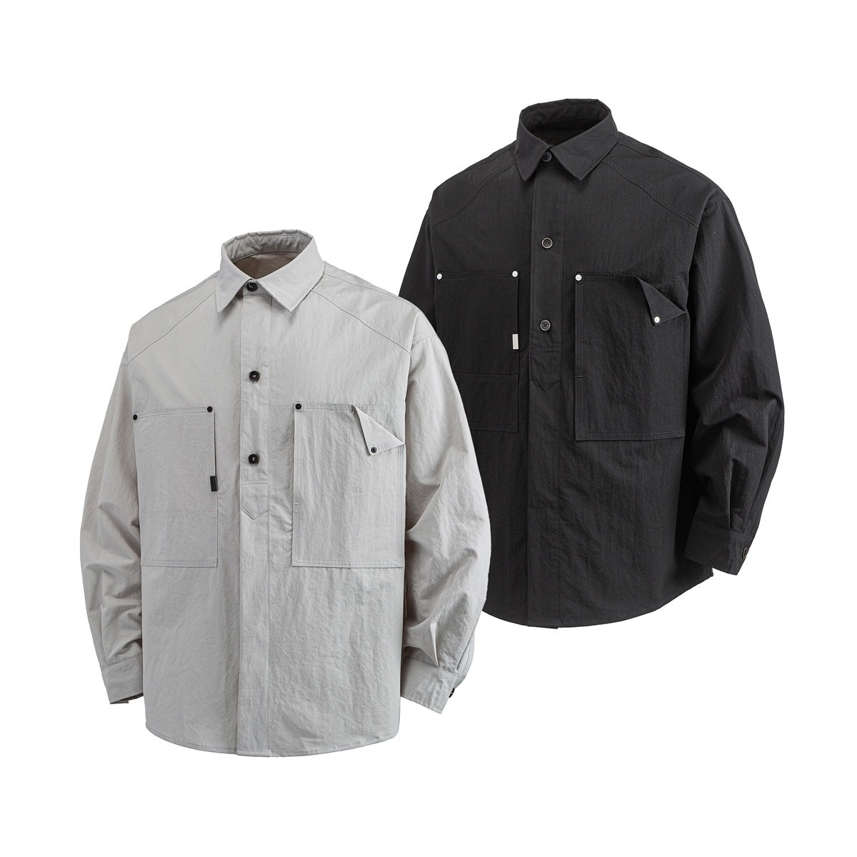 Light gray and black long-sleeve button shirts shown from the front, each with two large chest pockets.
