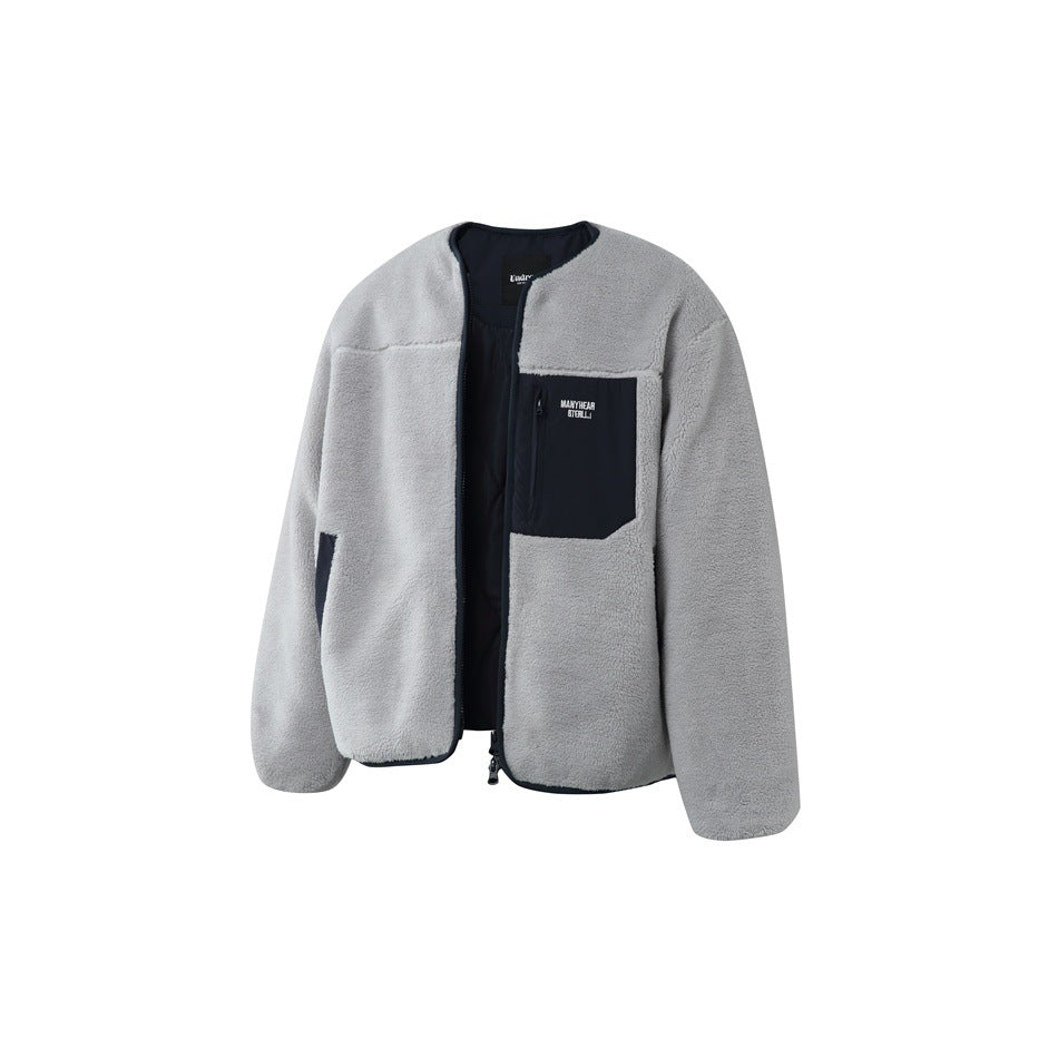 Light gray fleece jacket with a black chest pocket and trim, shown from the front against white.