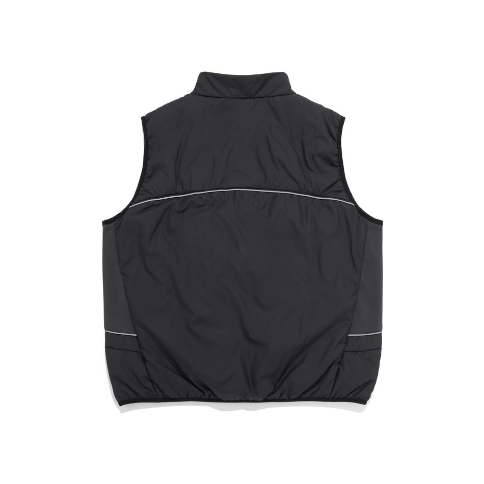 Back view of a black sleeveless vest with a stand collar, contrasting side panels, and thin reflective piping.