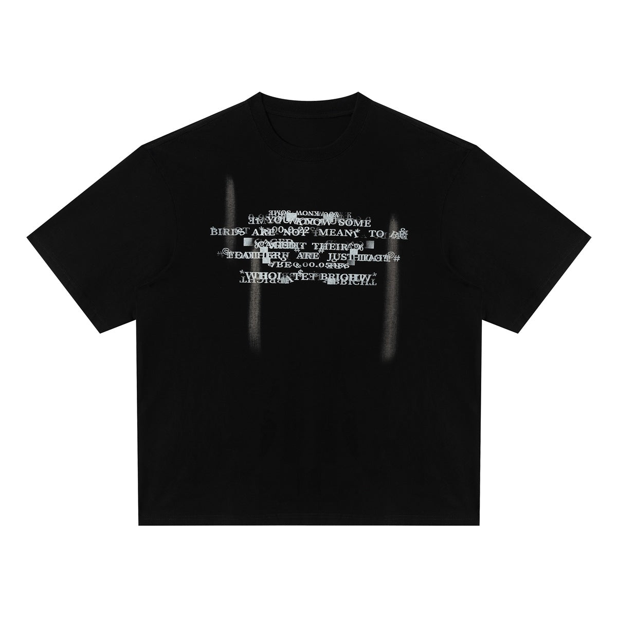 Black short-sleeve crew-neck T-shirt with distorted gray-white text print and faded streaks, flat front view