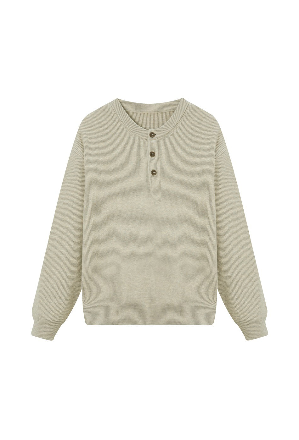 Oatmeal ribbed-knit sweater with round neck and three-button placket, flat front view