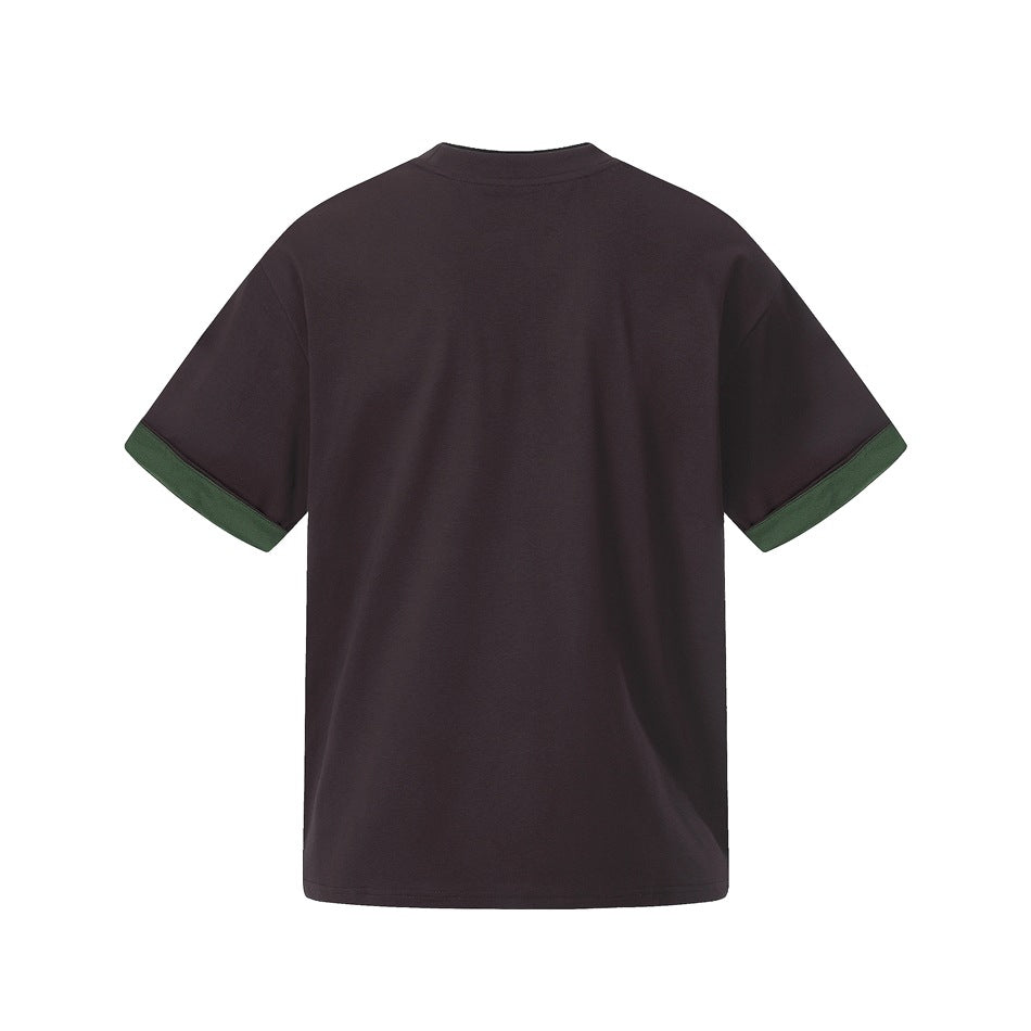 Back view of a dark charcoal short-sleeve T-shirt with contrasting forest-green sleeve cuffs.