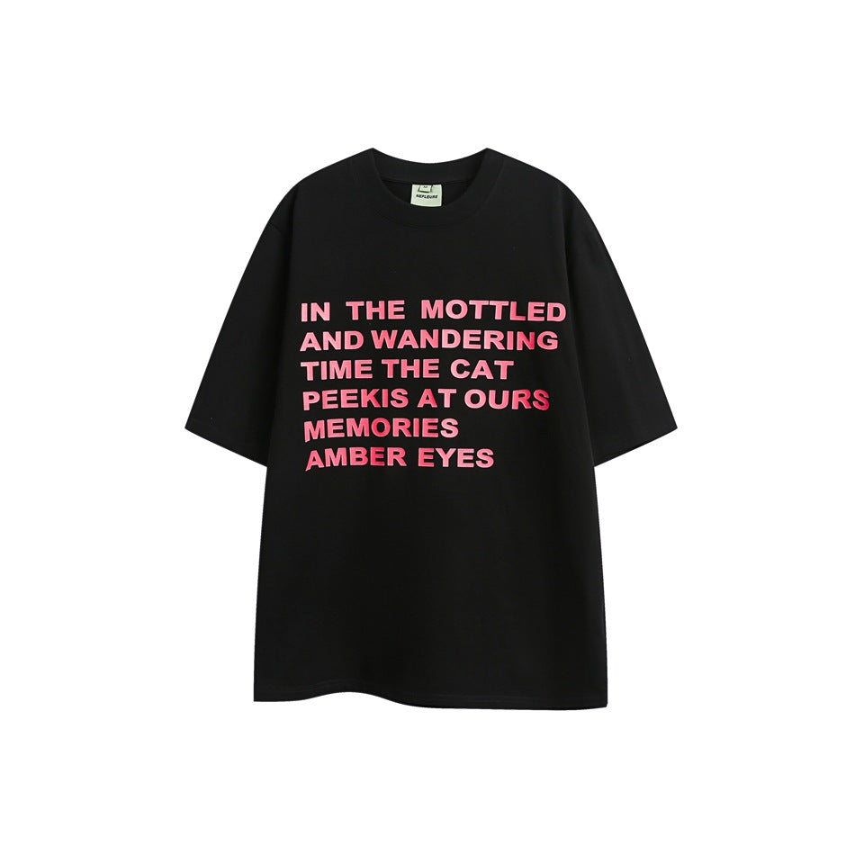 Black short-sleeve T-shirt with bold pink text across the front, shown flat against a white background.