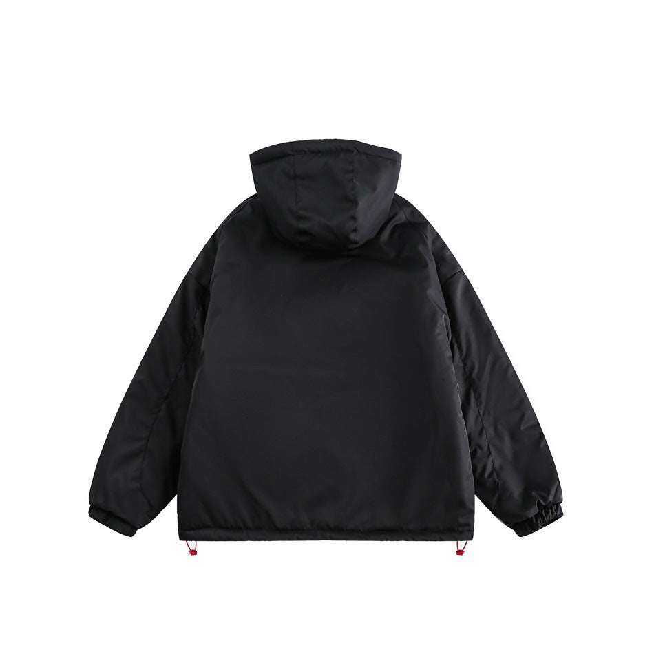 Back view of a black hooded jacket with elastic cuffs and red drawcords at the hem.
