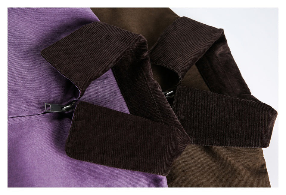 Close-up of purple and brown jacket collars and cuffs in dark ribbed fabric, with a zipper visible.
