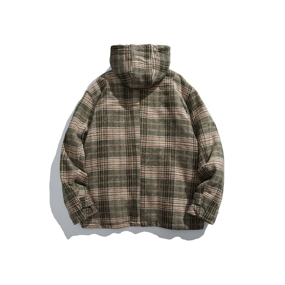Back view of a brown, olive, and cream plaid hooded jacket laid flat on a white background.