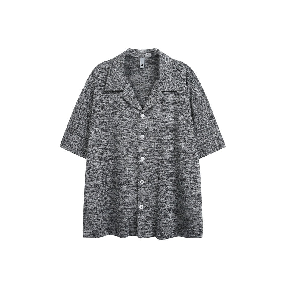 Dark gray heathered short-sleeve button-up shirt with camp collar and white buttons, flat front view