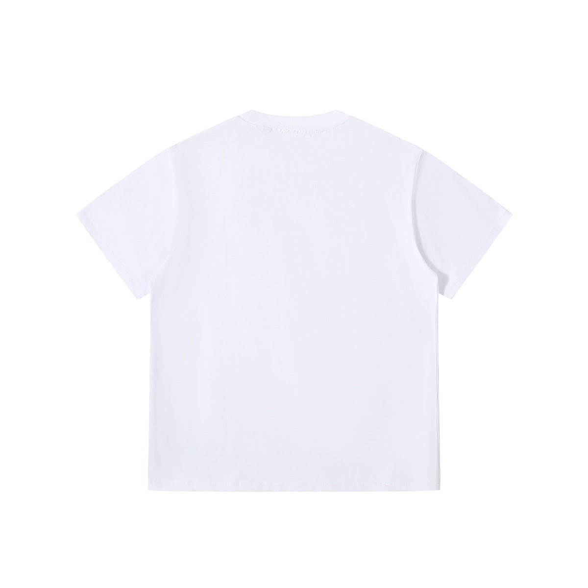 Back view of plain white short-sleeve crew neck t-shirt with ribbed collar, flat lay