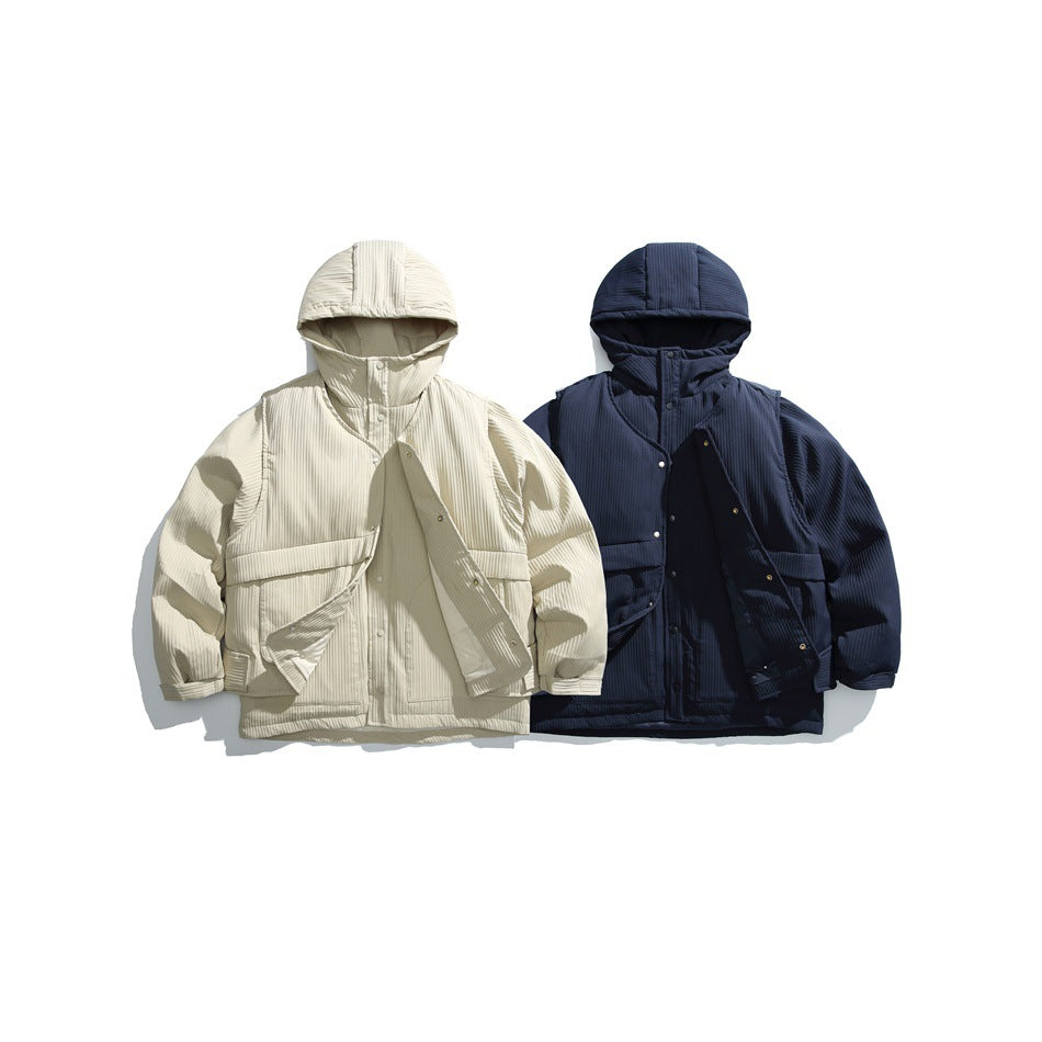 Beige and navy blue hooded padded jackets side by side with snap fronts and flap pockets