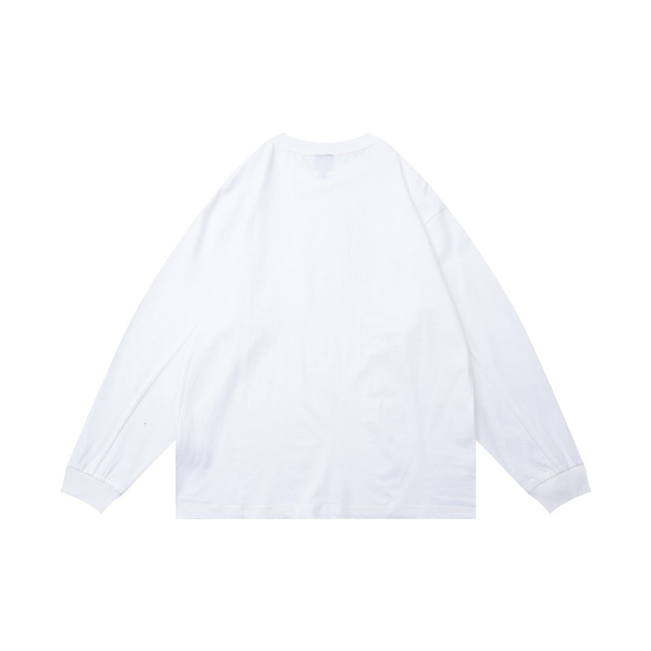 Back view of a plain white long-sleeve crew-neck shirt.