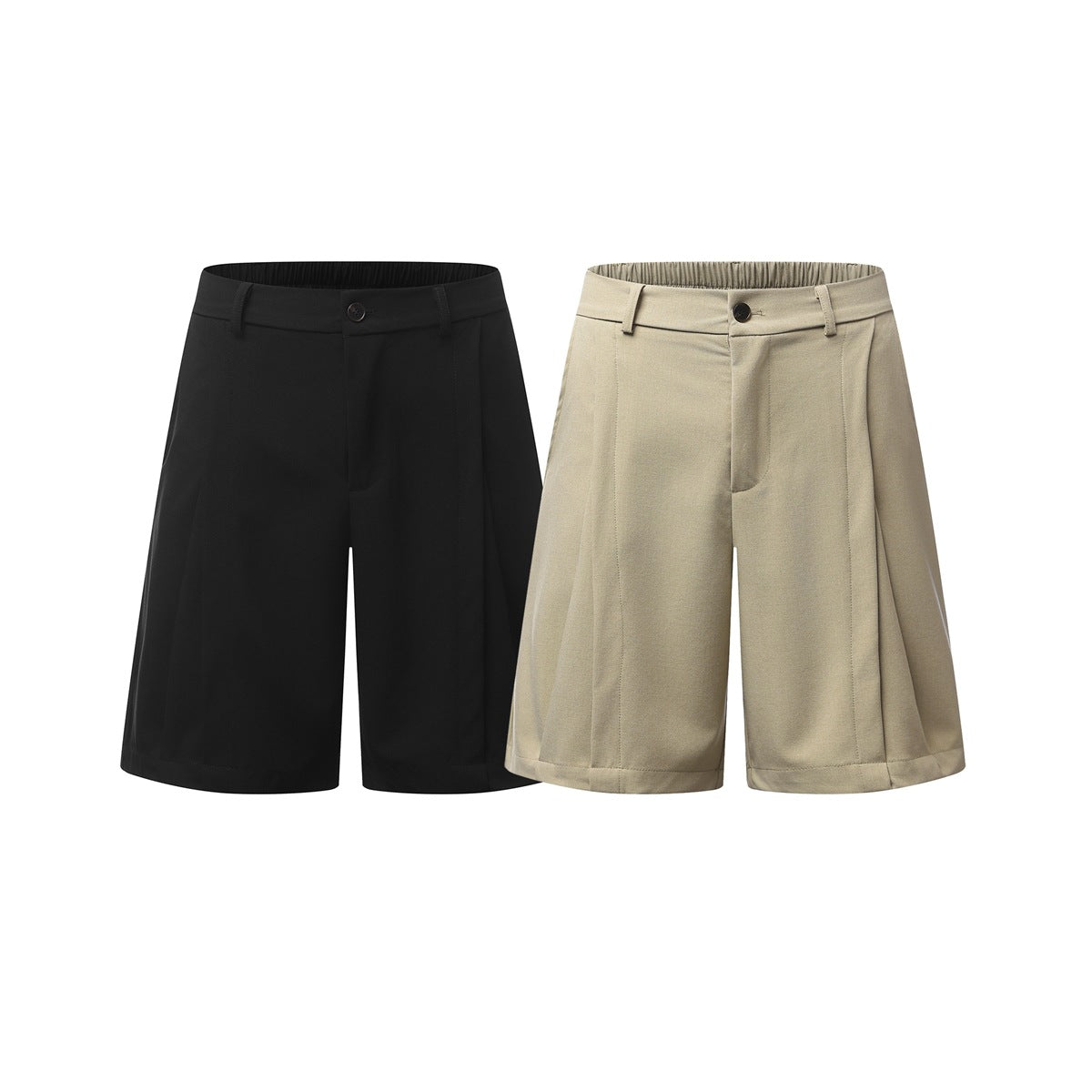Front view of knee-length shorts in black and beige, with button closures, belt loops and pleats.
