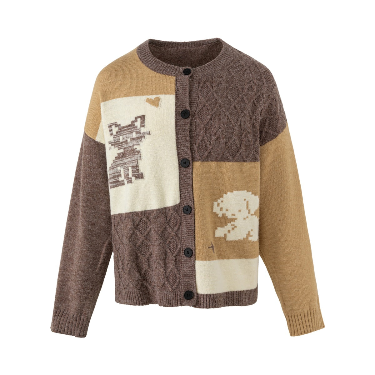Brown, tan and cream color-block knit cardigan with button front, pixel cat and puppy jacquard motifs and cable panels