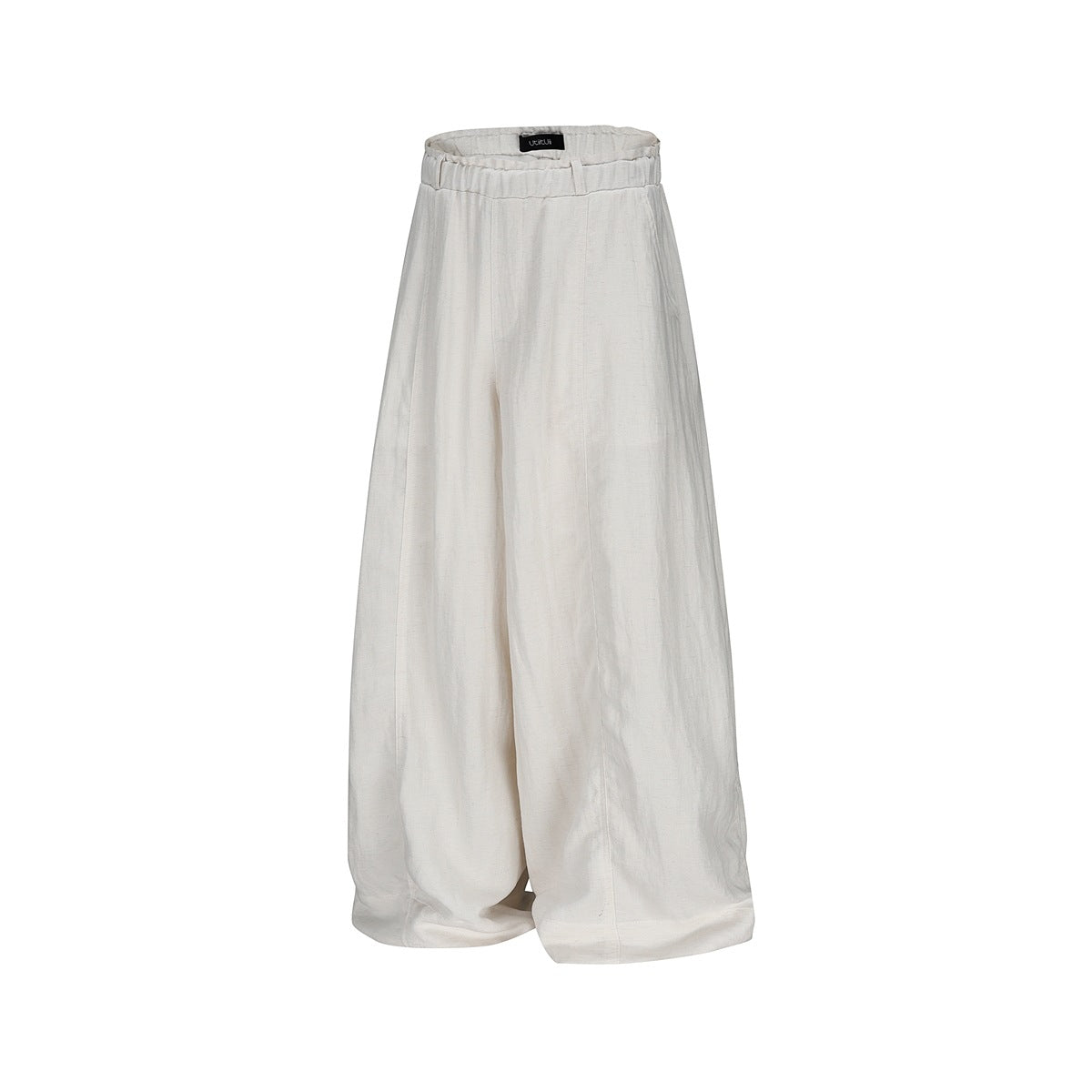Off-white wide-leg trousers, flat front view with gathered elastic waistband and textured fabric