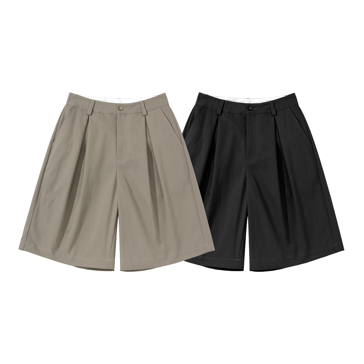 Front view of wide-leg tailored shorts in taupe and black, with pleats, belt loops, and button closures.