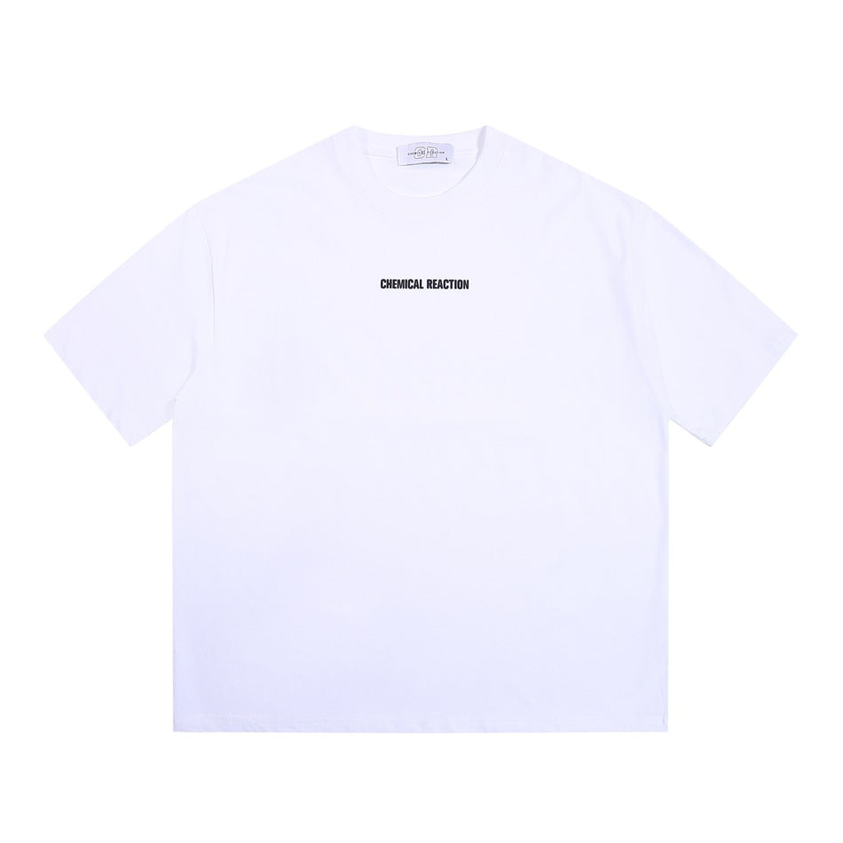 White crew-neck short-sleeve T-shirt with small black CHEMICAL REACTION print at center chest, flat front view