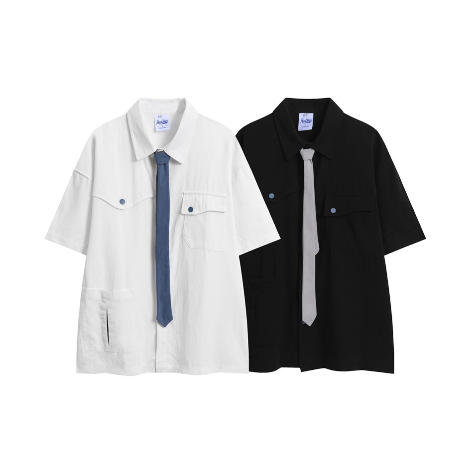 White and black short-sleeve collared shirts with contrasting ties, shown side by side.