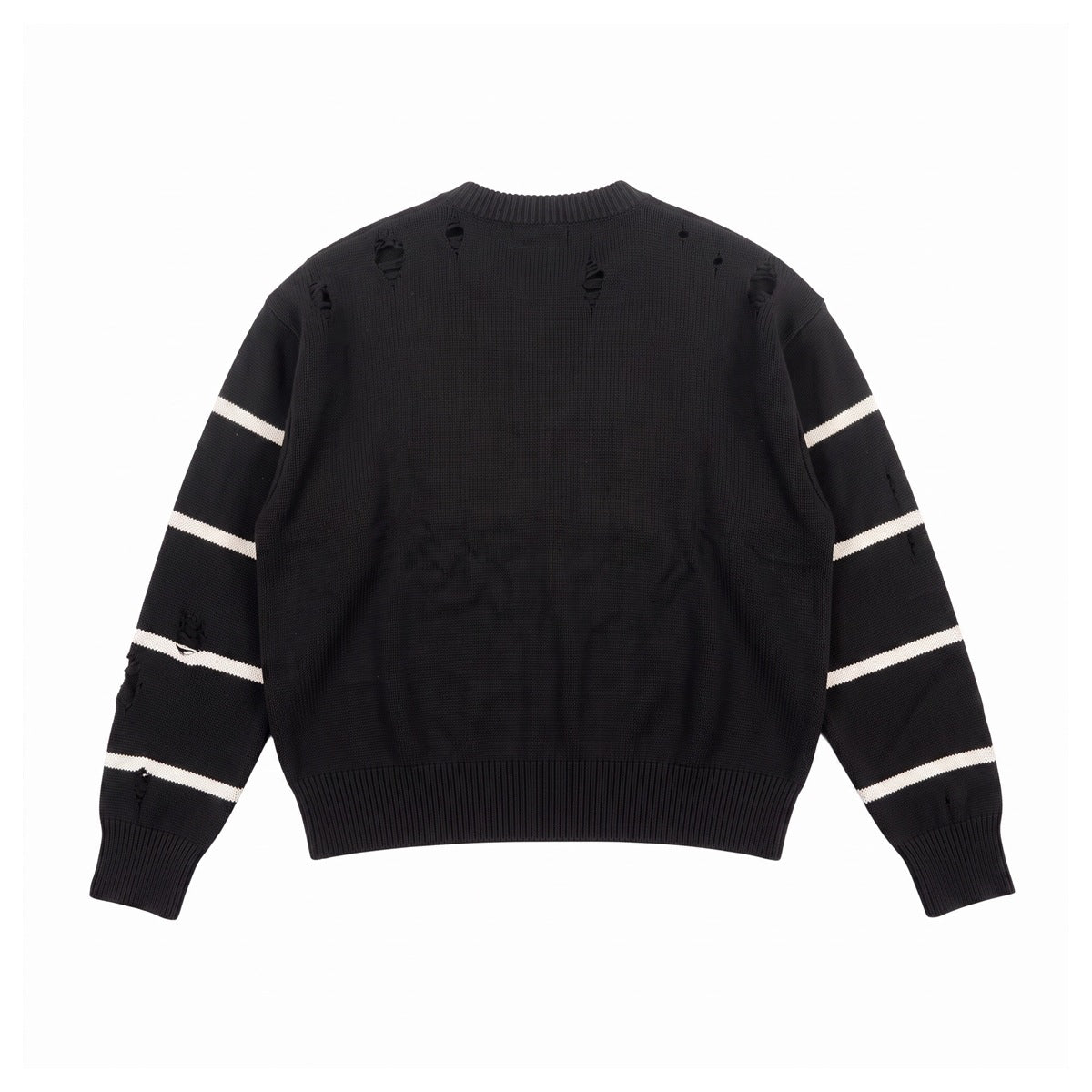Back view of a black distressed knit crew-neck sweater with white sleeve stripes and ribbed cuffs and hem.