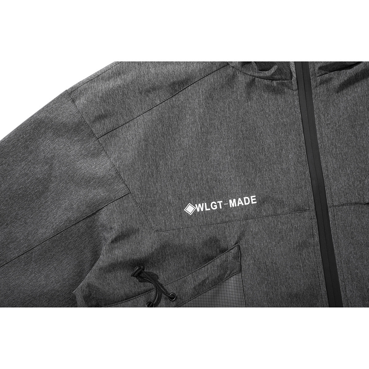 Close-up of a dark gray jacket chest with a white printed logo, zipper, and pocket details.