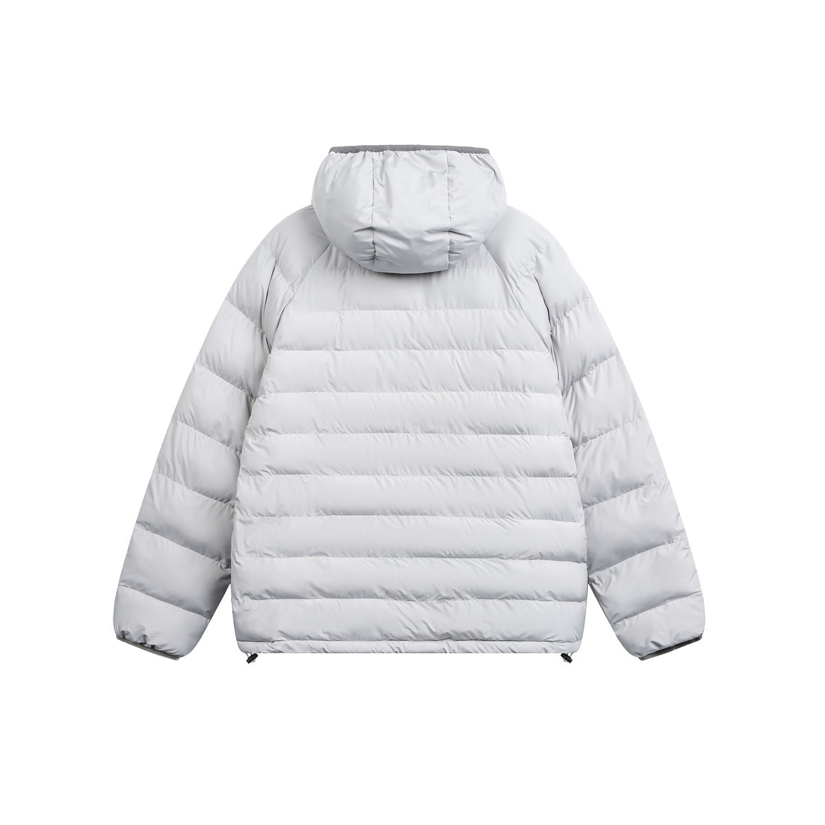 Back view of a light gray hooded puffer jacket with horizontal quilting and adjustable hem toggles, shown flat against white.