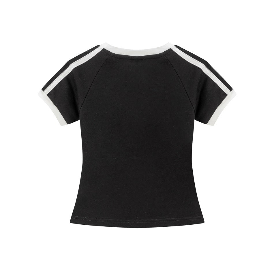 Back view of black short-sleeve tee with white neckline trim, cuffs and shoulder stripes, plain back