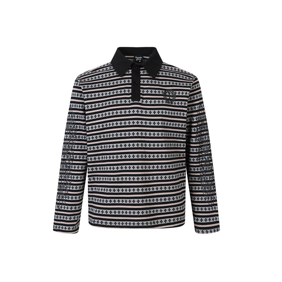 Black, gray and pink striped long-sleeve polo shirt with black collar, chest emblem and sleeve prints, front view