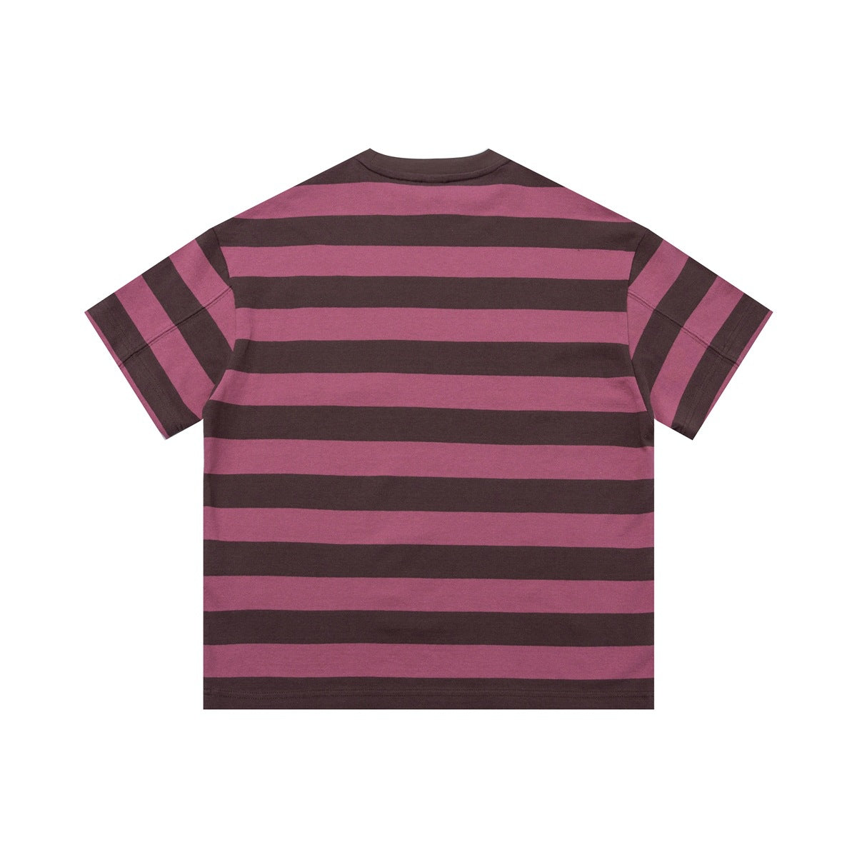 Back view of a short-sleeve crew-neck T-shirt with broad pink and dark brown horizontal stripes.