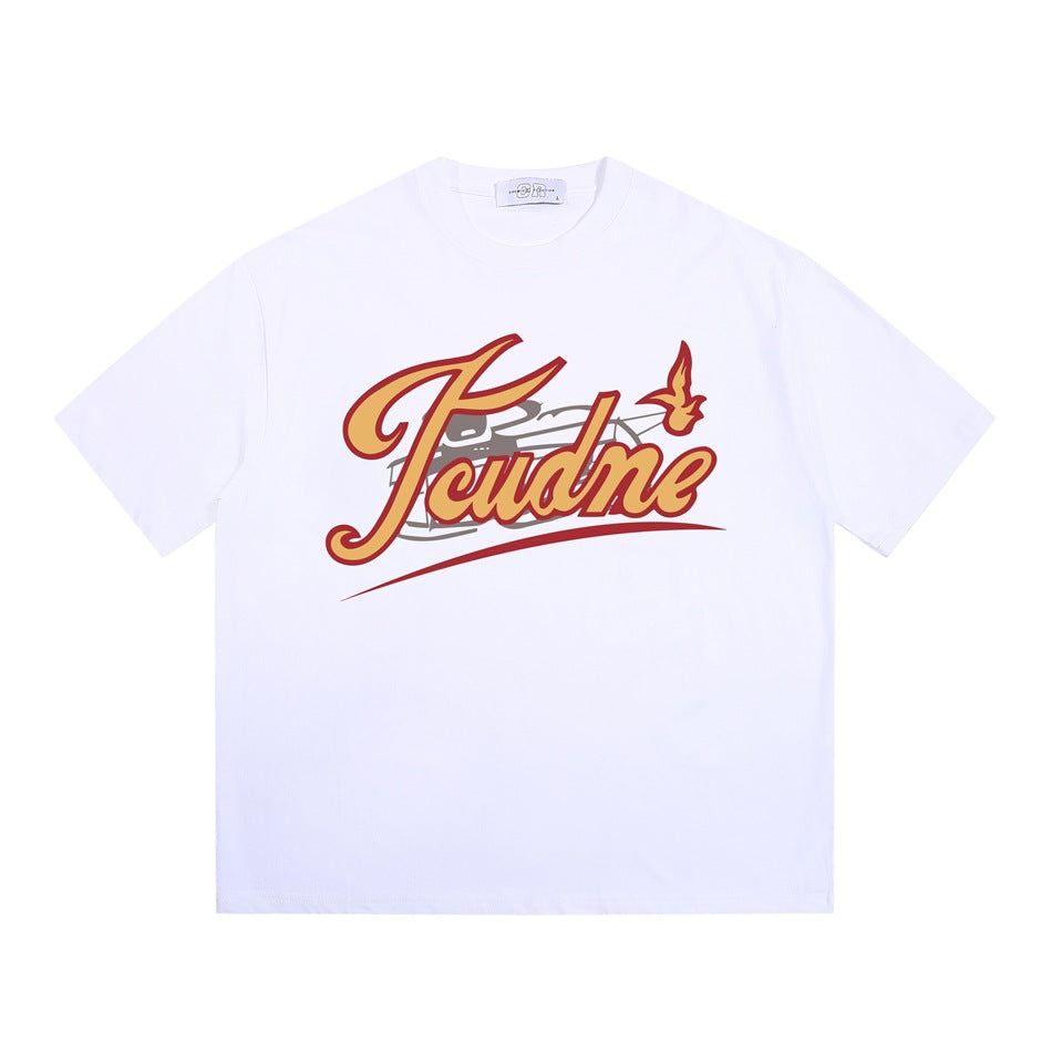White crew neck T-shirt flat lay with yellow and red retro script graphic on the chest