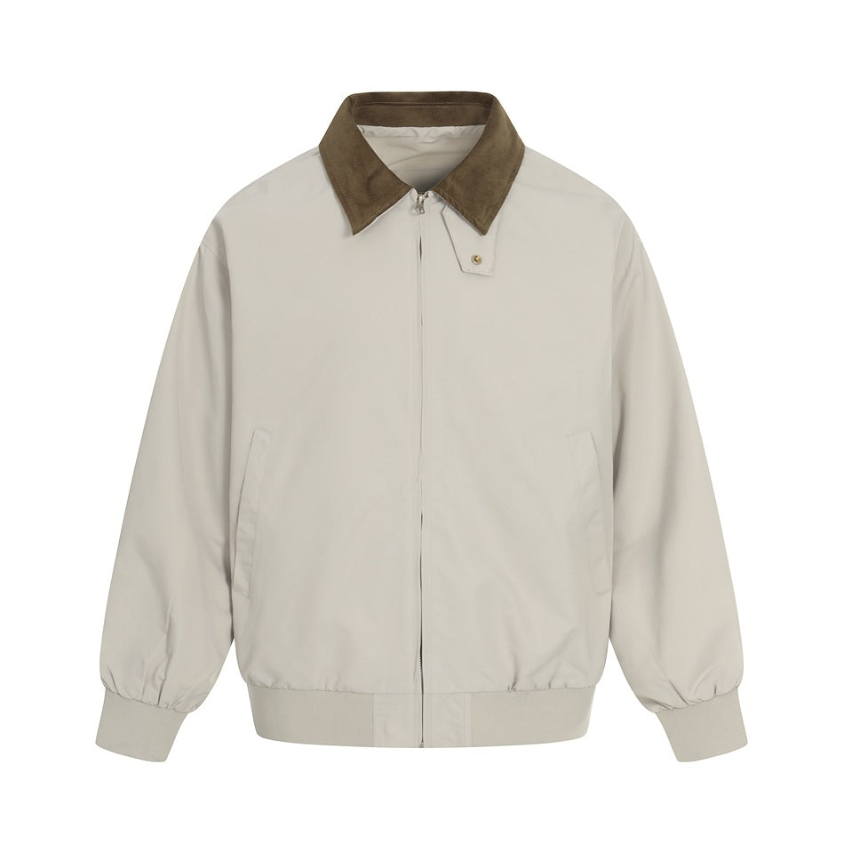 Beige zip-front jacket with brown corduroy-style collar, ribbed cuffs and hem, flat front view