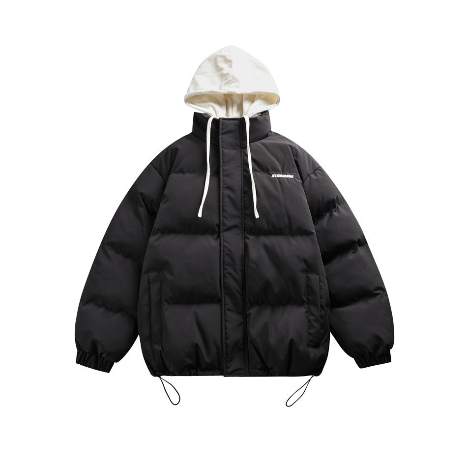 Black puffer jacket with cream layered hood, white drawstrings, front zip, pockets and hem toggles, flat front view